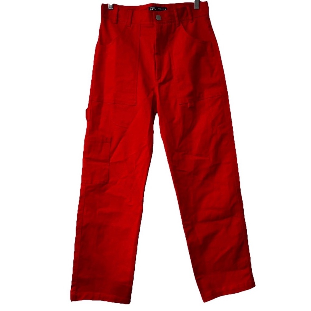 Womens Zara‎ Straight Leg Red Cargo Trousers Size Large EUC